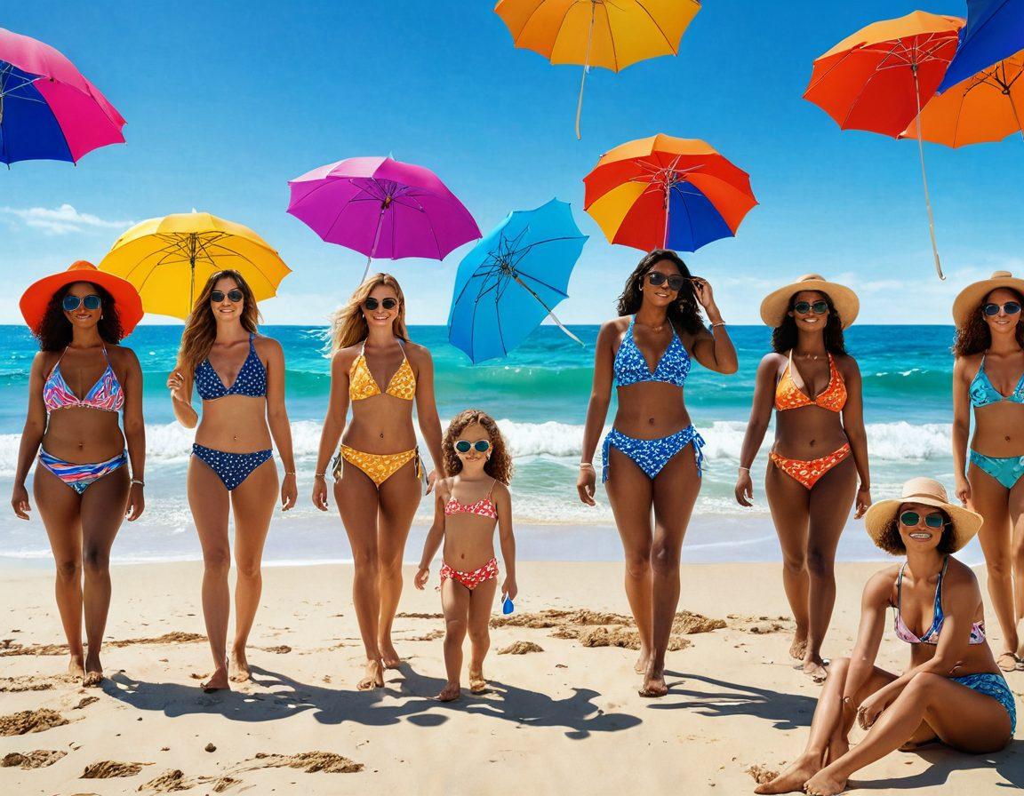 A vibrant beach scene showcasing diverse individuals wearing stylish swimwear and activewear, radiating confidence and self-love. Incorporate elements like colorful beach umbrellas, sun-kissed skin, and playful ocean waves, emphasizing a positive and empowering atmosphere. Capture the essence of summer fashion with bold patterns and lively accessories. super-realistic. vibrant colors. dynamic composition.